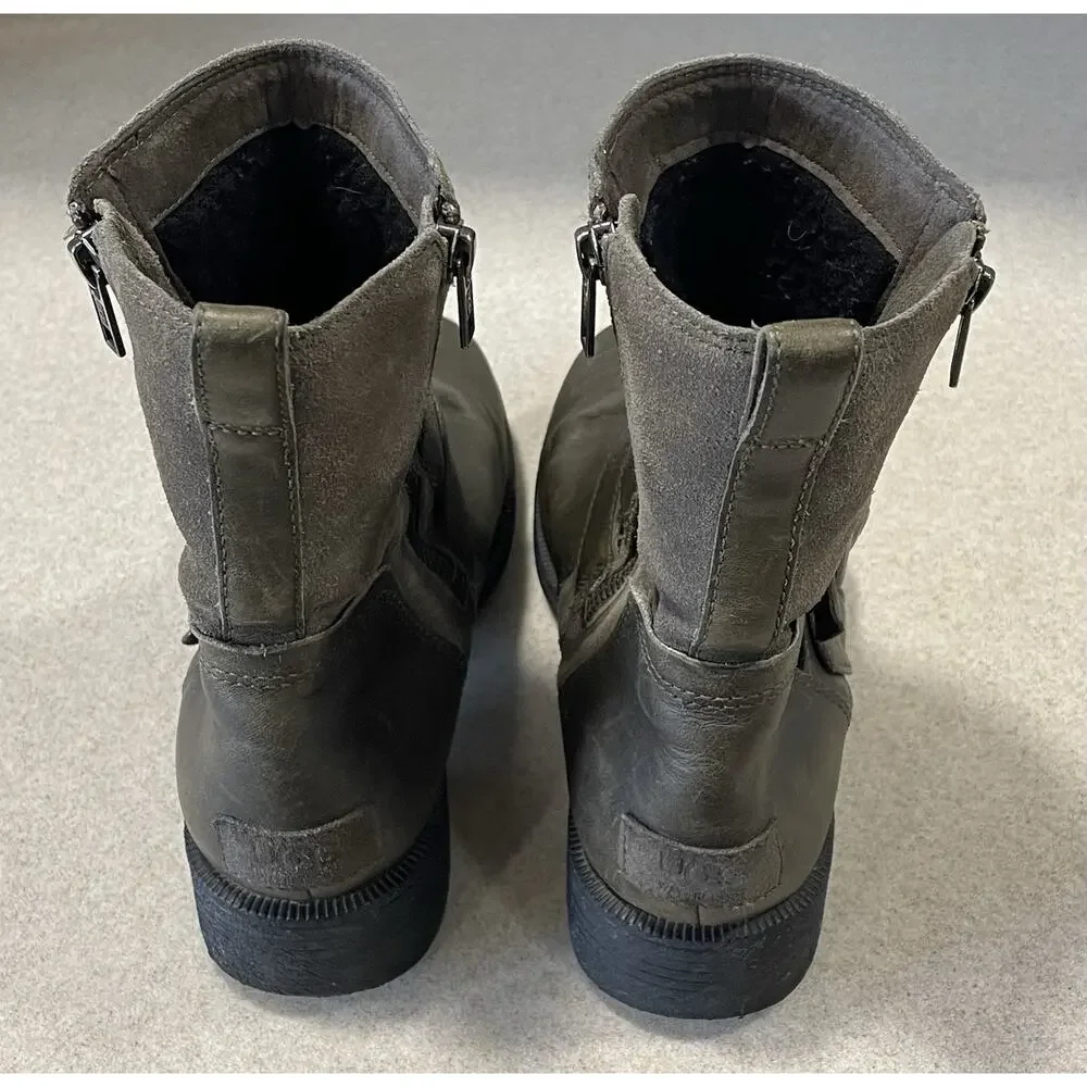 UGG WILDE Slate Leather Ankle Boots MOTO Riding Biker W/Buckles Women’s Size 7.5